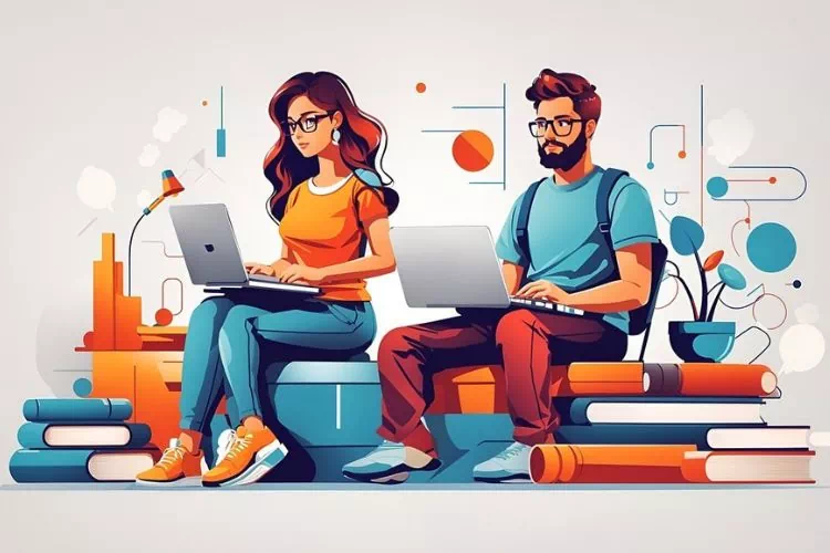 Une femme et une homme travaillant sur leur ordinateur