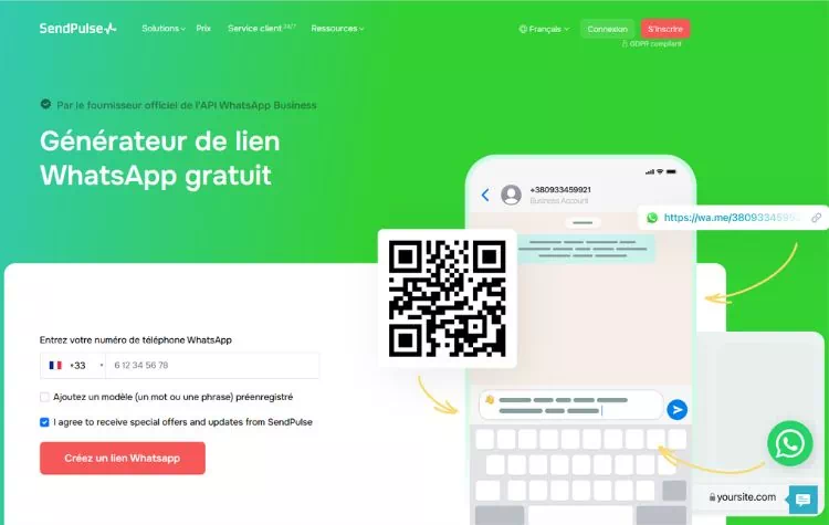 SendPulse, générateur de liens WhatsApp gratuit