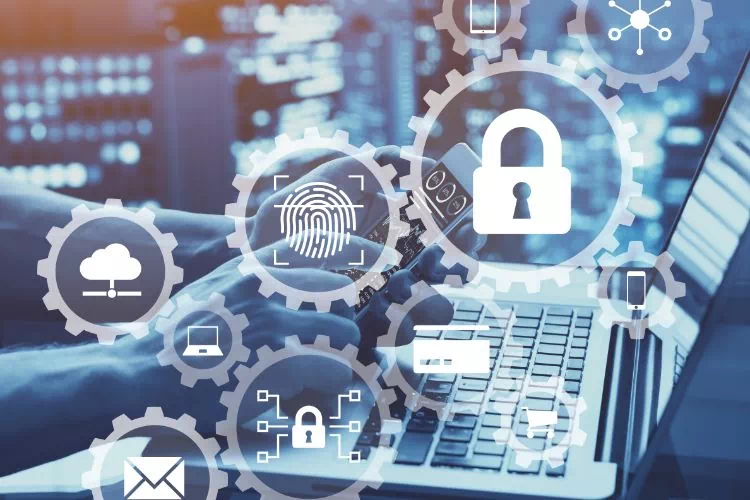 Concept de cybersécurité : ordinateur + cadenas + empreintes digitales