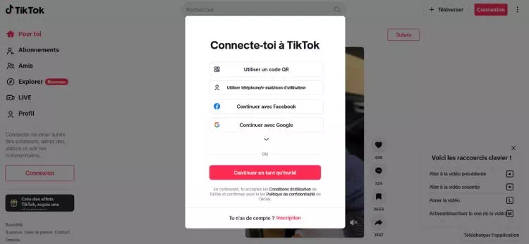 Page de connexion à TikTok sur un navigateur