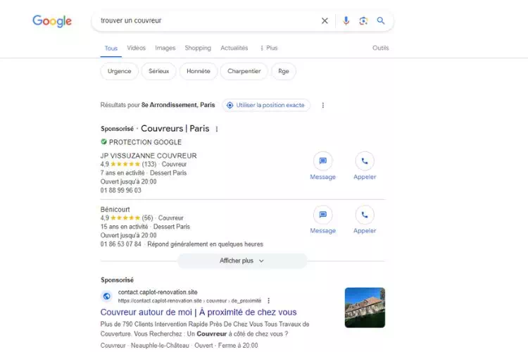 Requête Google "Trouver un couvreur"