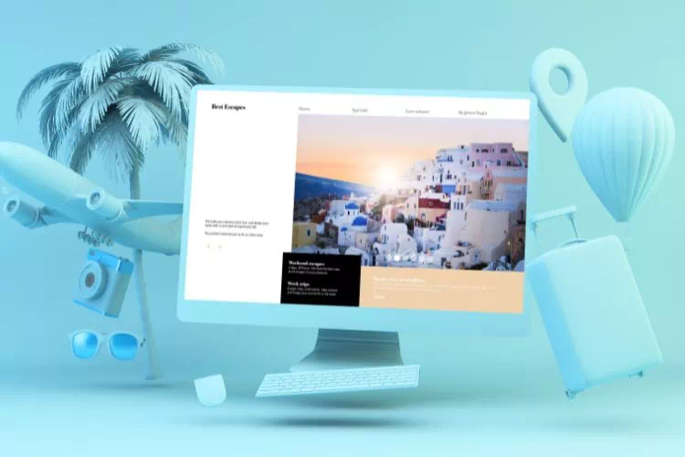 Blog voyage sur un ordinateur avec des éléments de voyage (avion, valise, palmier, lunettes de soleil...)