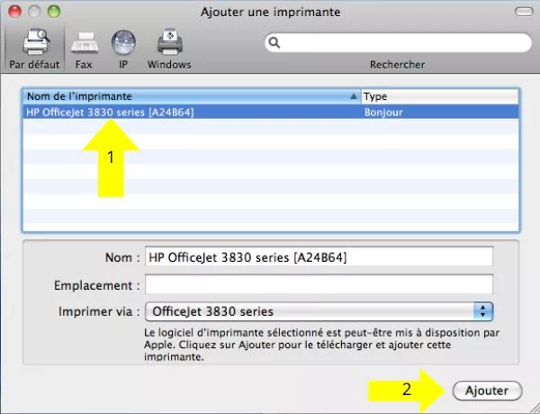 Fenêtre Ajouter une imprimante sur un Mac
