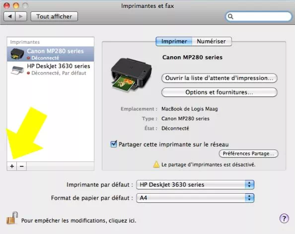 Fenêtre Imprimantes et fax sur Mac