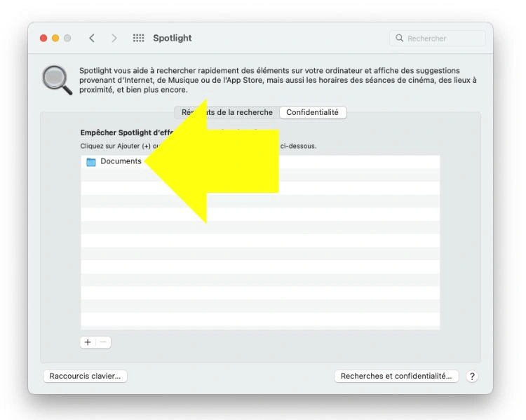 Capture d'écran Macbook du spotlight et une flèche tirée vers documents