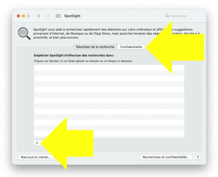 Capture d'écran Macbook et une flèche tirée vers confidentialité