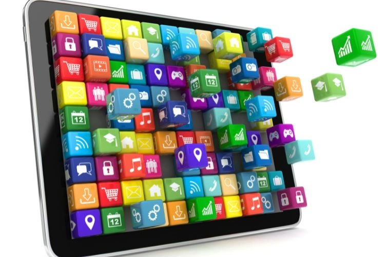 Fonctionnalités d'une tablette représentée par des petits cubes