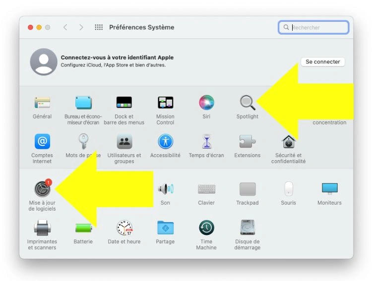 Capture d'écran Macbook des préférences système et une flèche tiré vers