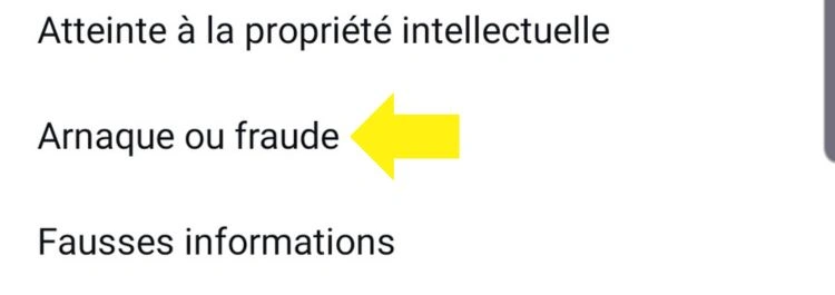 Sélectionner la raison arnaque ou fraude