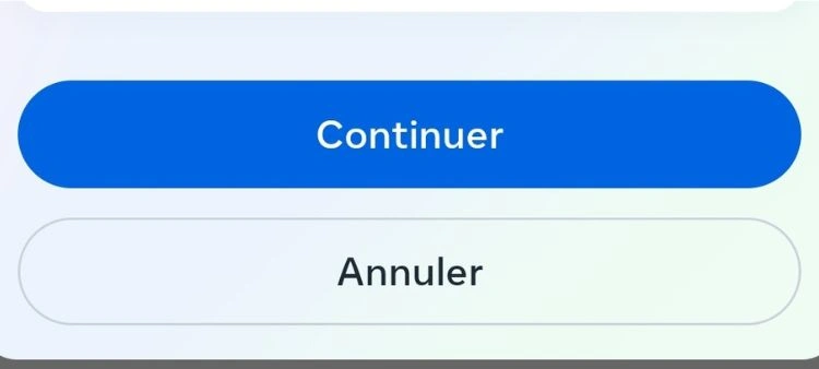 Sélection continuer pour confirmer la désactivation du compte