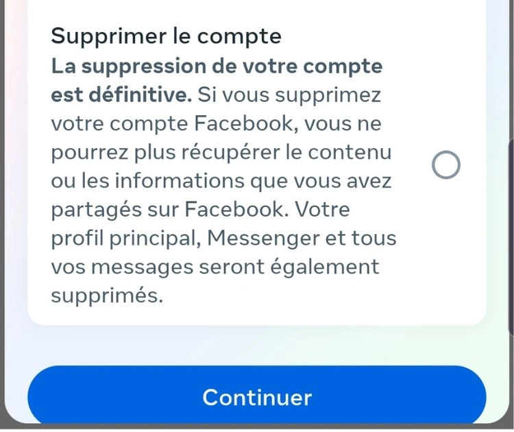 Sélectionner, supprimer le compte puis continuer