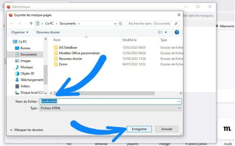 Enregistrer les marque-pages exportés