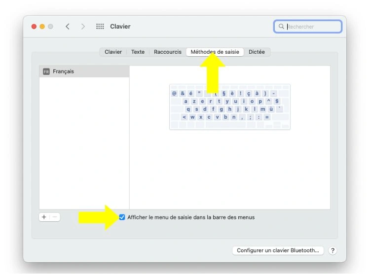 Sélectionner méthodes de saisie puis afficher le menu