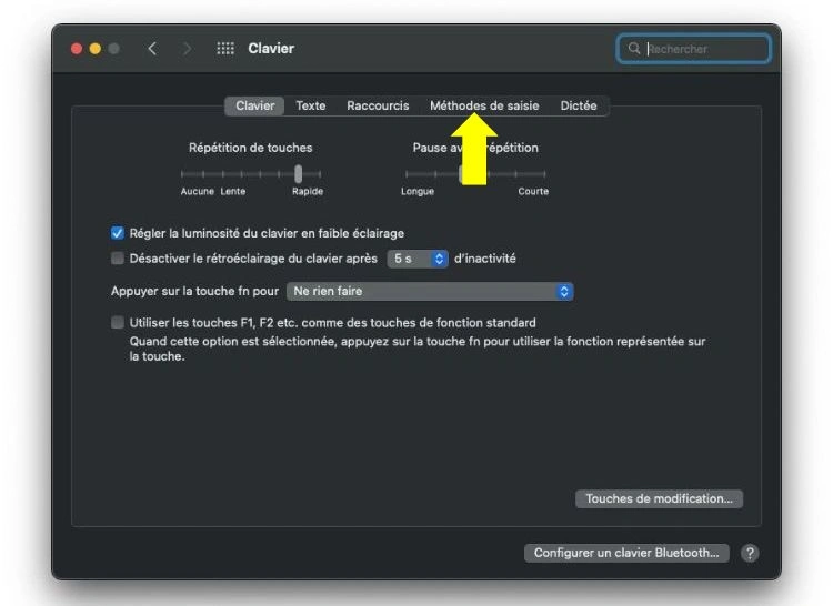 Cliquer sur Méthodes de saisie dans le clavier