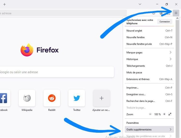 Menu de Firefox puis sélectionner les outils supplémentaires