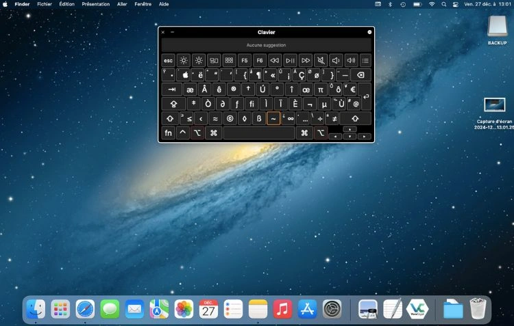 Affichage du clavier virtuel avec les caractères spéciaux