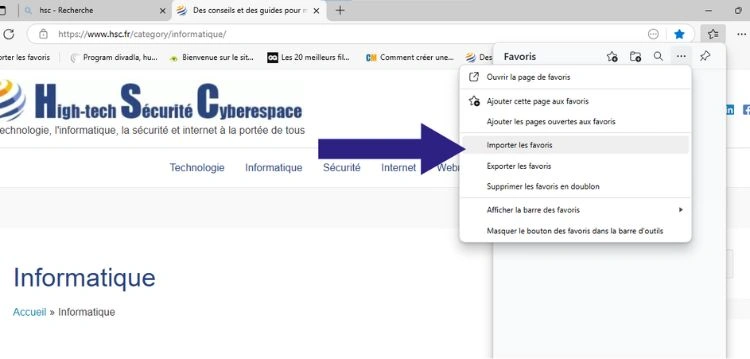 Accéder au menu puis importer les favoris