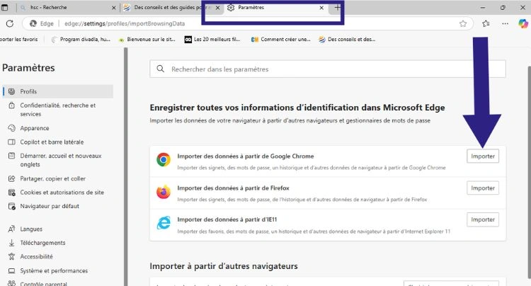 Choisir le navigateur pour importer