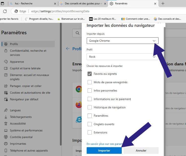 Sélection des contenus à importer sur Edge