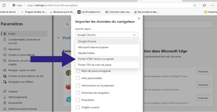 Importer les favoris via fichier HTML