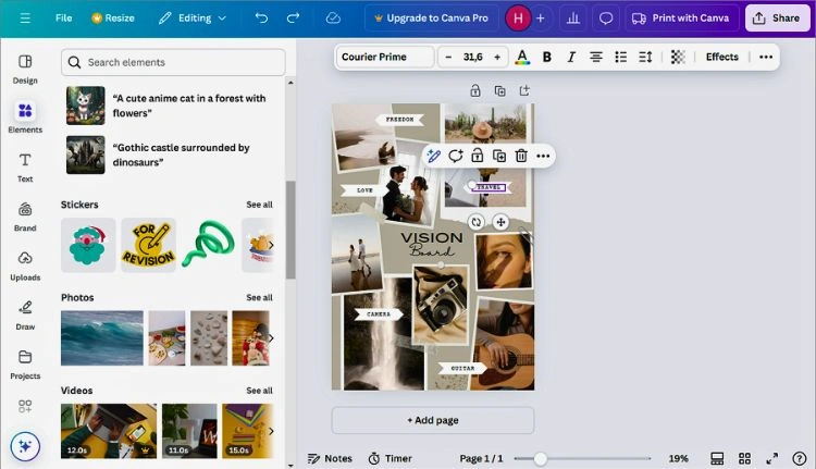 Page du logiciel de création d'affiche Canva