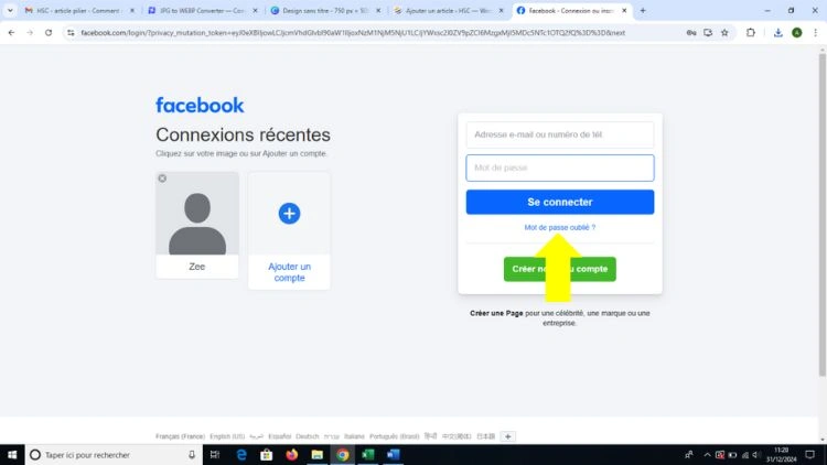 Sélection de mot de pass oublié pour récupérer son compte