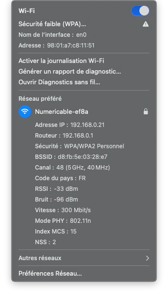 Wifi avec la touche option