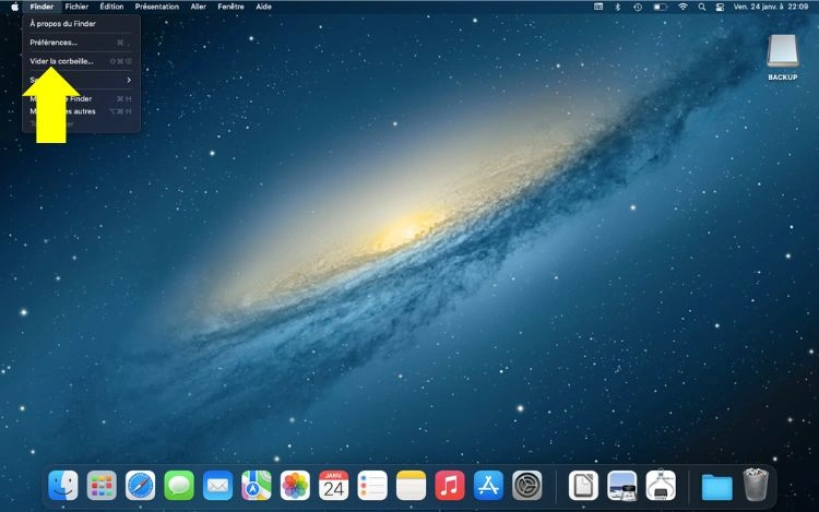 Cliquer sur vider la corbeille dans le finder