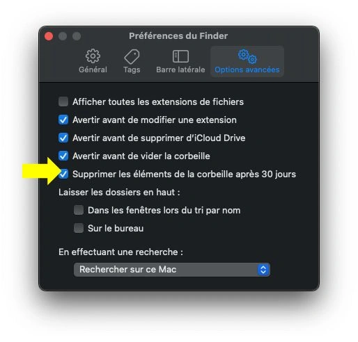 Sélectionner la suppression des éléments après 30 jours