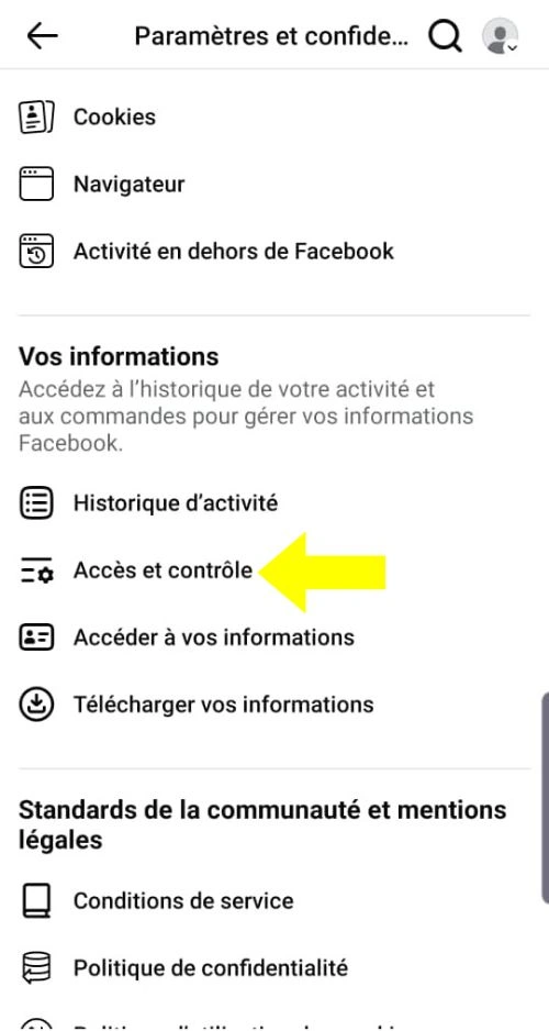 Cliquer sur accès et contrôle dans les paramètres et confidentialités