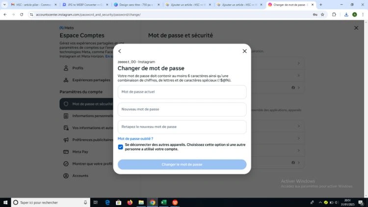 Écrire l'actuel puis le nouveau mot de passe