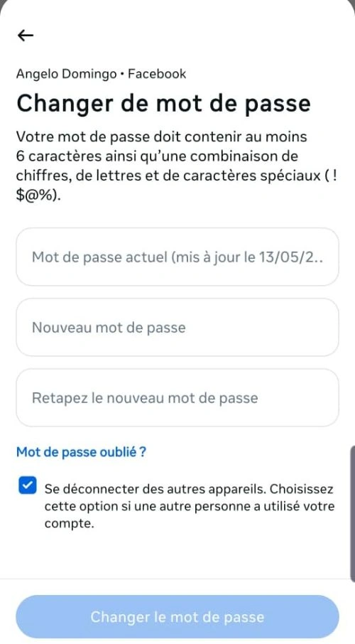 Taper l'actuel puis le nouveau mot de passe