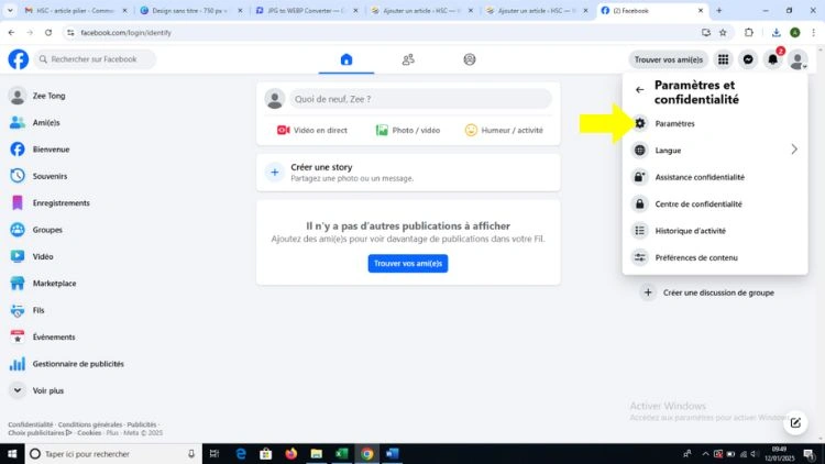 Cliquer sur paramètres