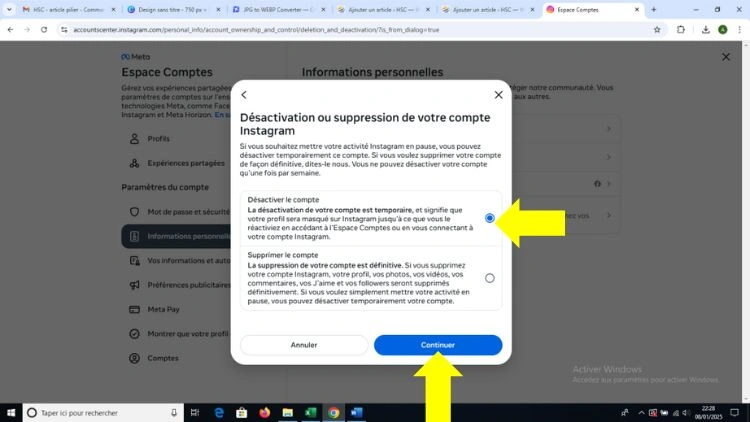 Cliquer sur désactiver puis sur continuer
