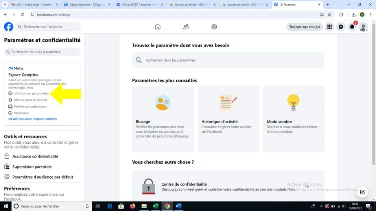 Cliquer sur informations personnelles dans l'espace compte