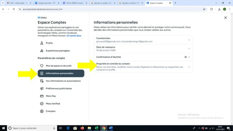 Cliquer sur informations personnelles puis sur propriété et contrôle