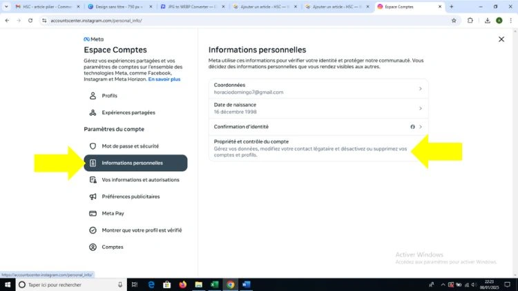 Cliquer sur Informations personnelles puis propriété de contrôle