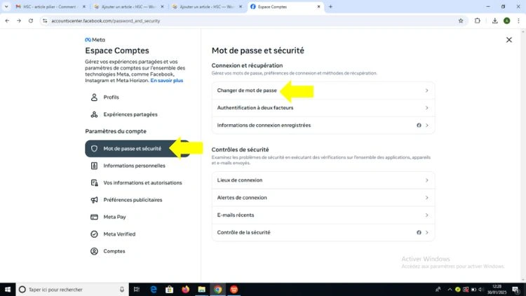 Cliquer sur Mot de passe et sécurité puis sur Changer de mot de passe