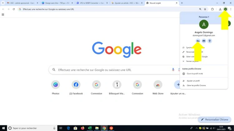 Cliquer sur l'icône du compte Google puis sur la petite clé