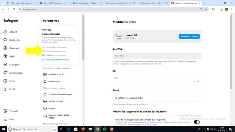 Clique sur mot de passe et sécurité