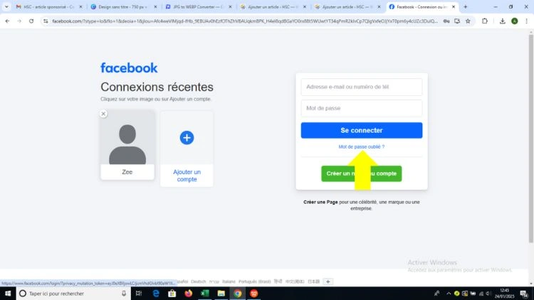 Cliquer sur mot de pass oublié