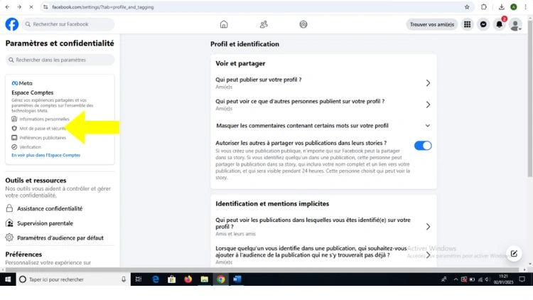 Clique sur mot de pass et sécurité