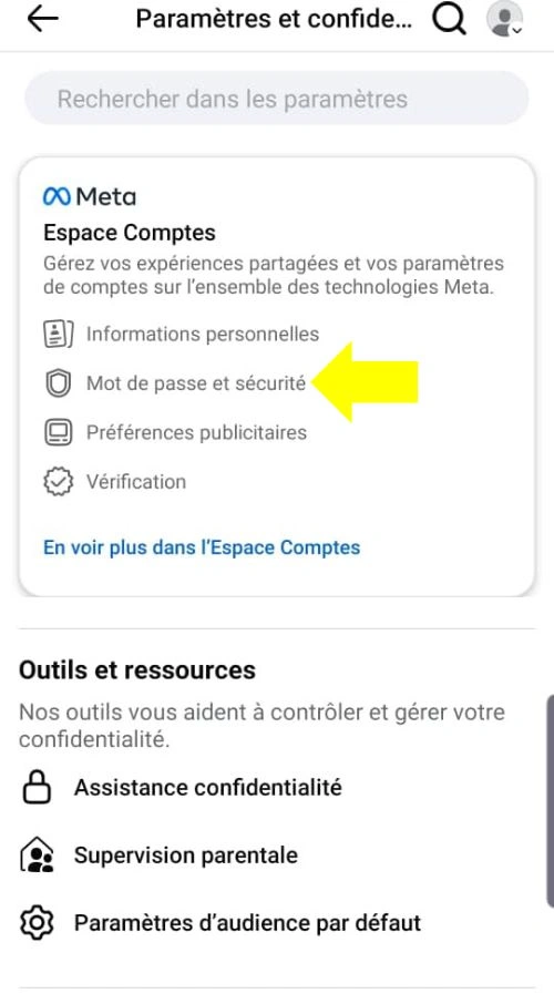 Cliquer sur Mot de passe et sécurité dans les paramètres et configuration