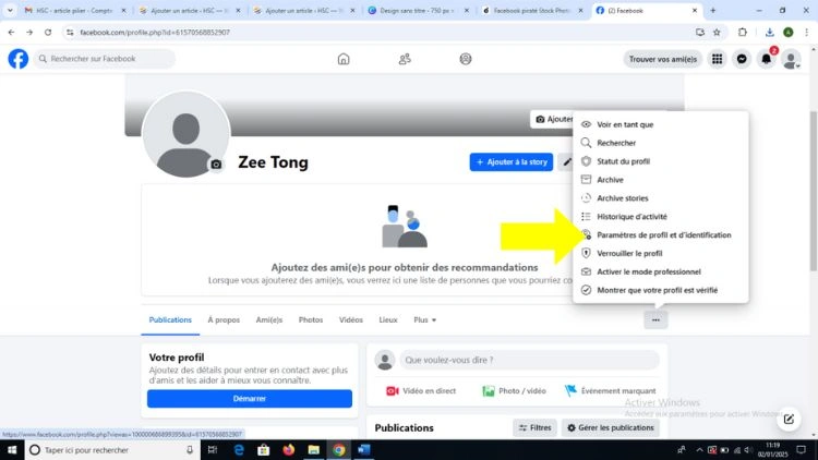 Clique sur paramètre de profil