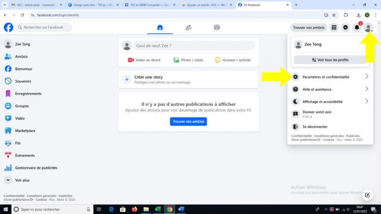 Cliquer sur le profil puis sur paramètre et confidentialité