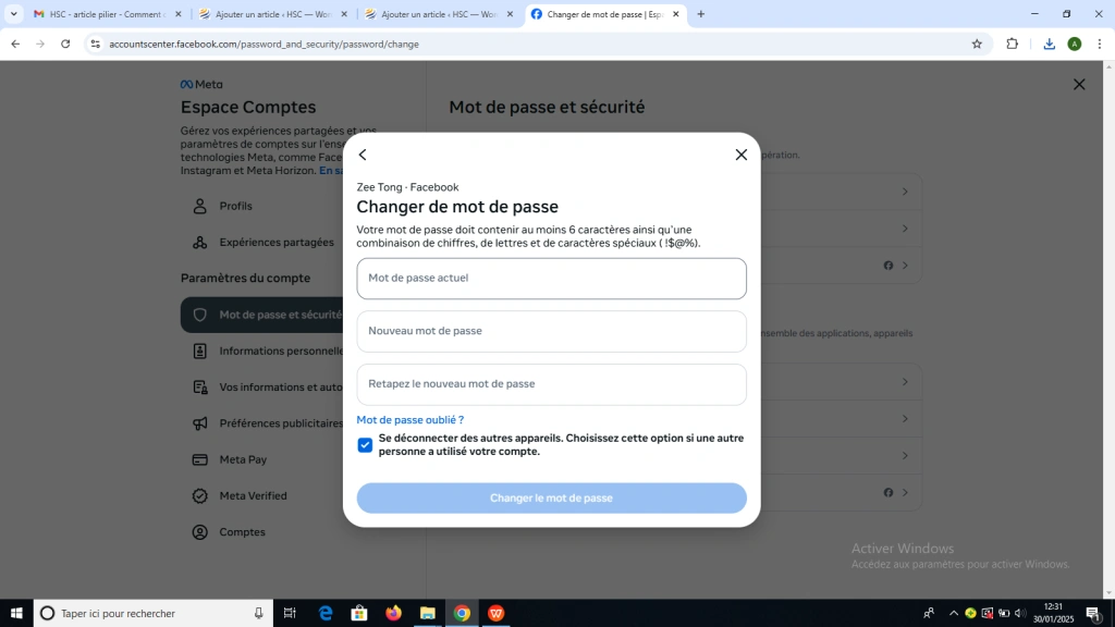 Saisir l'actuel puis le nouveau mot de passe