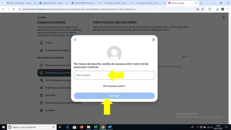 Saisir le mot de pass et continuer