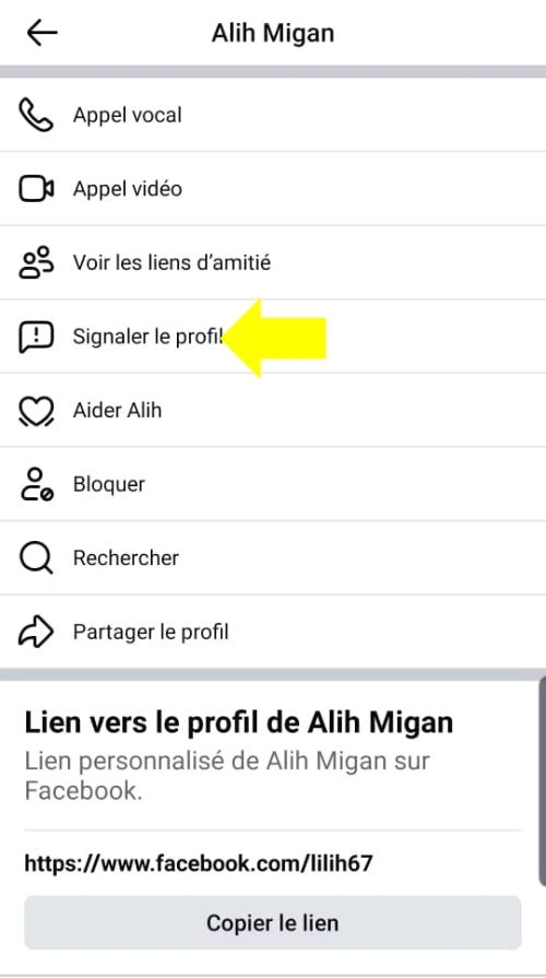 Cliquer sur signaler le profil