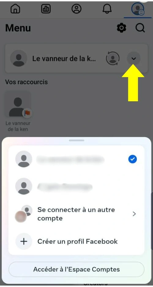 Cliquer sur le signe V à côté du profil pour sélectionner la page à supprimer