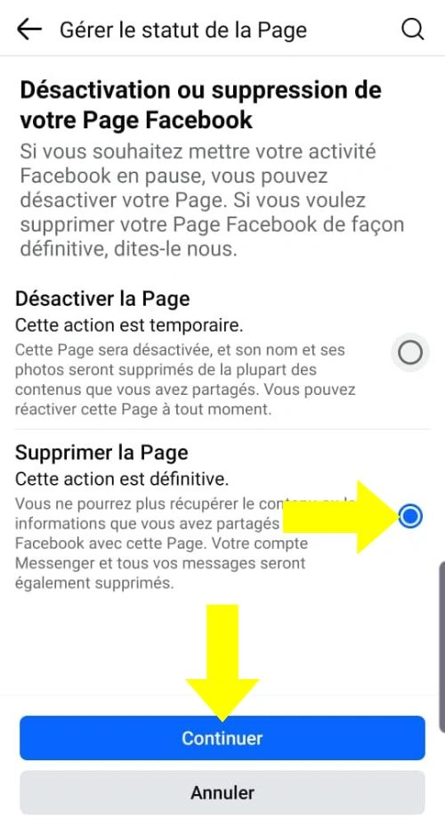 Sélection la suppression de la page puis continuer